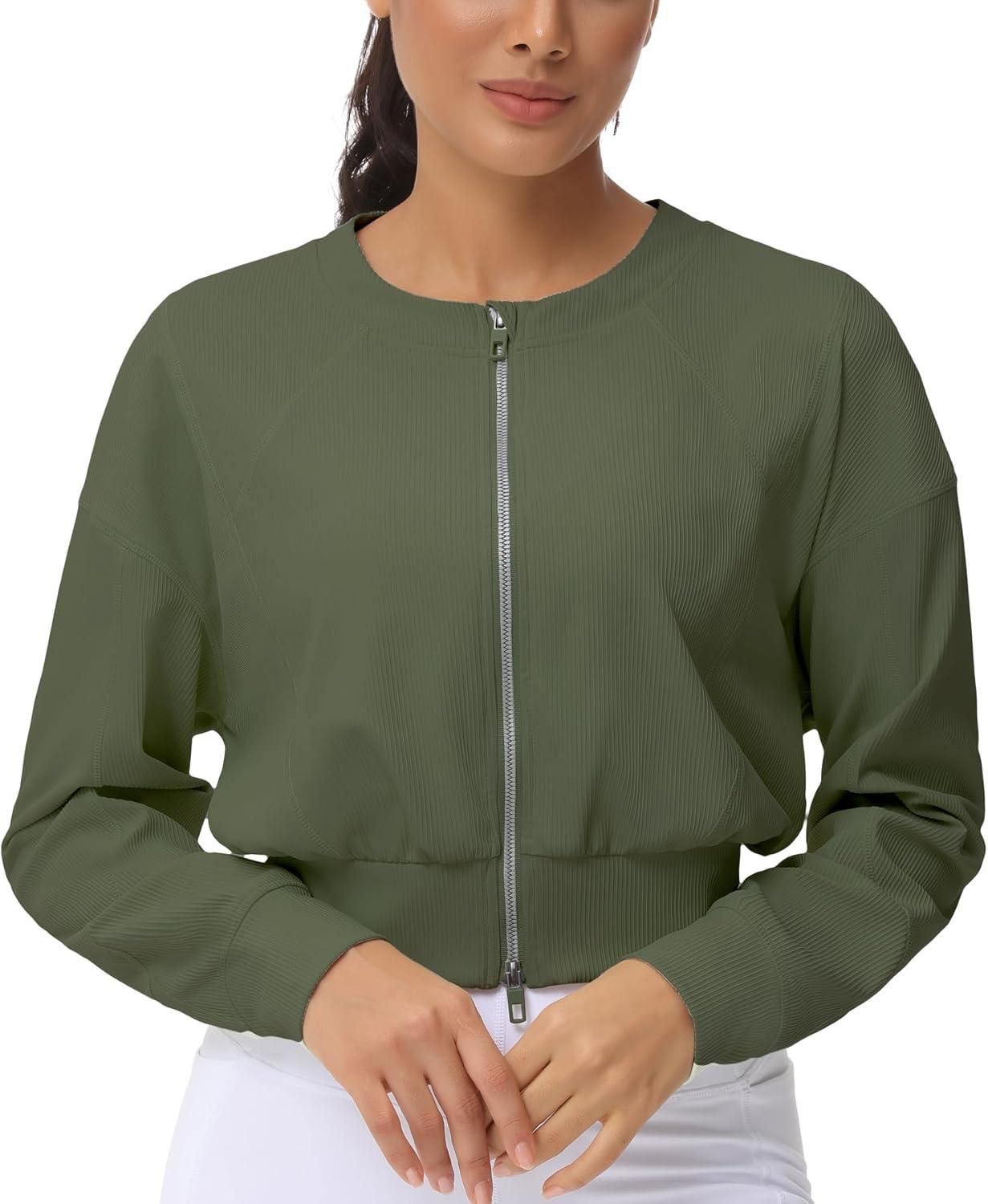 imageTHE GYM PEOPLE Womens Cropped Jackets Full Zip Long Sleeve Ribbed Workout Sweatshirts Lightweight Casual TopsGraphite Green