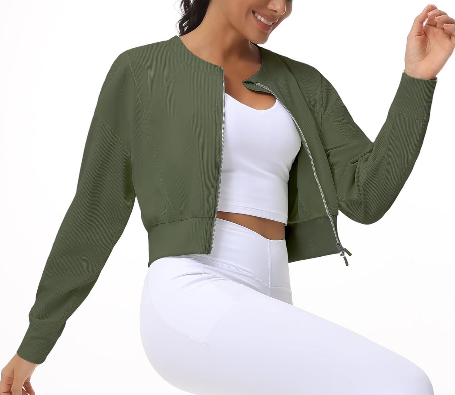 imageTHE GYM PEOPLE Womens Cropped Jackets Full Zip Long Sleeve Ribbed Workout Sweatshirts Lightweight Casual TopsGraphite Green