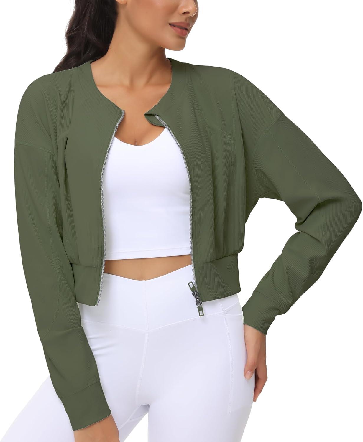 imageTHE GYM PEOPLE Womens Cropped Jackets Full Zip Long Sleeve Ribbed Workout Sweatshirts Lightweight Casual TopsGraphite Green