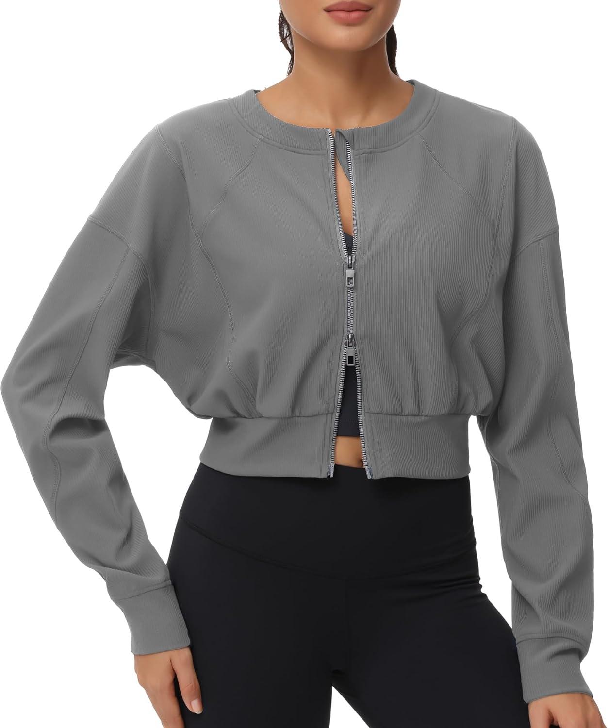 imageTHE GYM PEOPLE Womens Cropped Jackets Full Zip Long Sleeve Ribbed Workout Sweatshirts Lightweight Casual TopsGrey