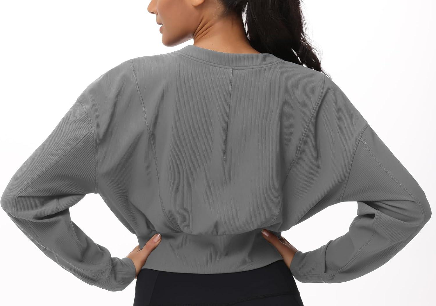 imageTHE GYM PEOPLE Womens Cropped Jackets Full Zip Long Sleeve Ribbed Workout Sweatshirts Lightweight Casual TopsGrey