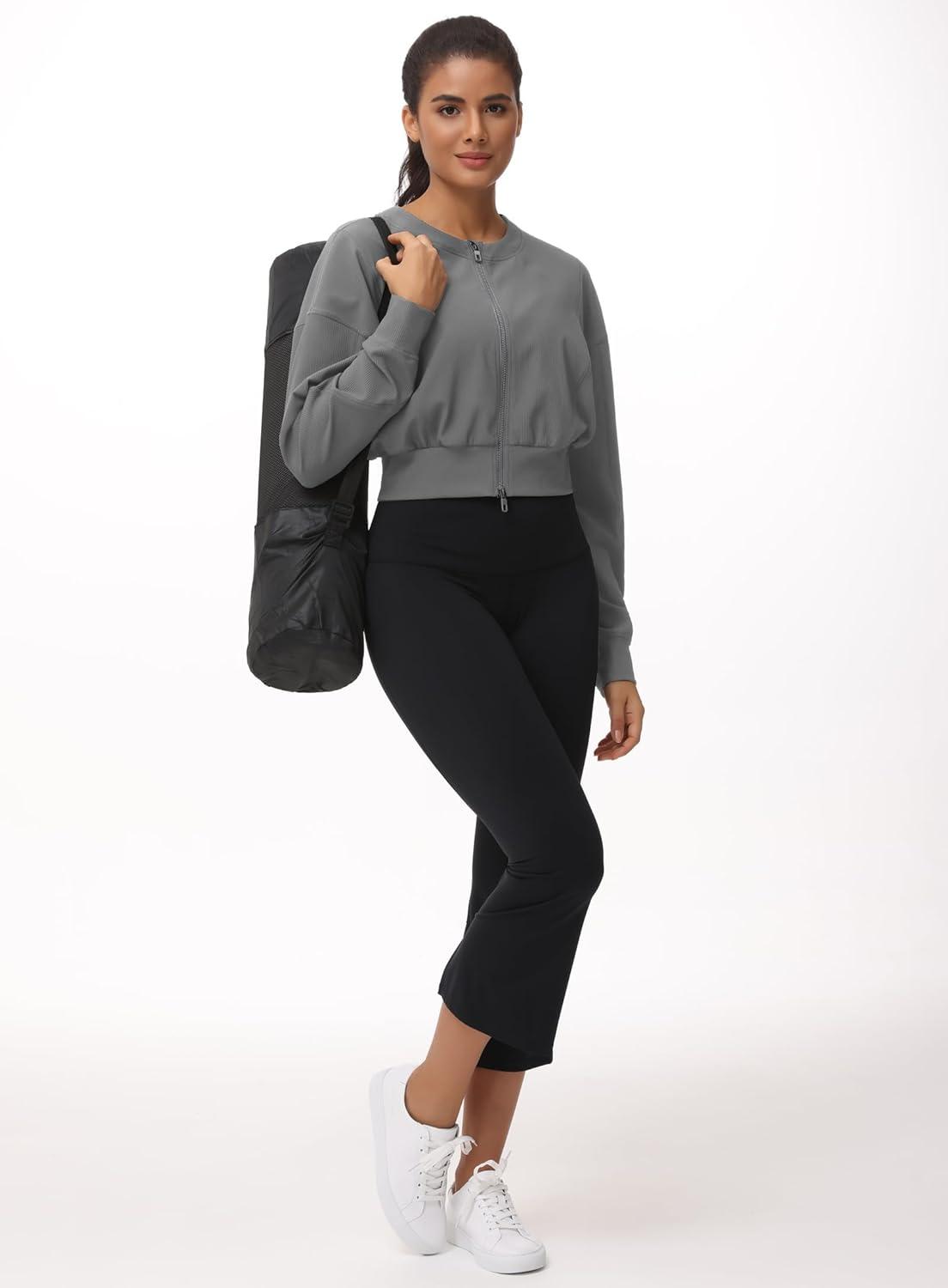 imageTHE GYM PEOPLE Womens Cropped Jackets Full Zip Long Sleeve Ribbed Workout Sweatshirts Lightweight Casual TopsGrey