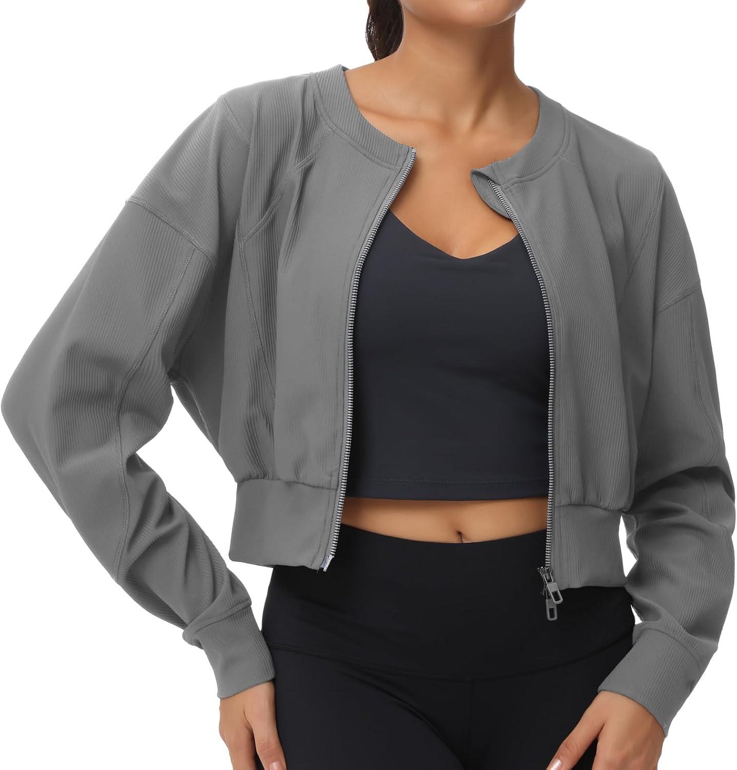 imageTHE GYM PEOPLE Womens Cropped Jackets Full Zip Long Sleeve Ribbed Workout Sweatshirts Lightweight Casual TopsGrey