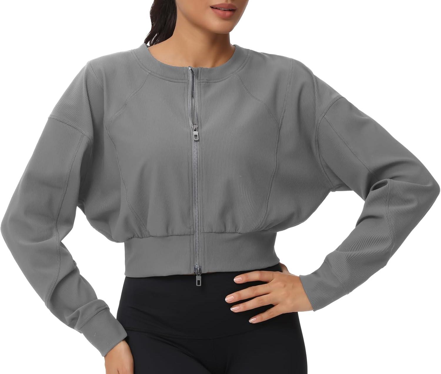 imageTHE GYM PEOPLE Womens Cropped Jackets Full Zip Long Sleeve Ribbed Workout Sweatshirts Lightweight Casual TopsGrey