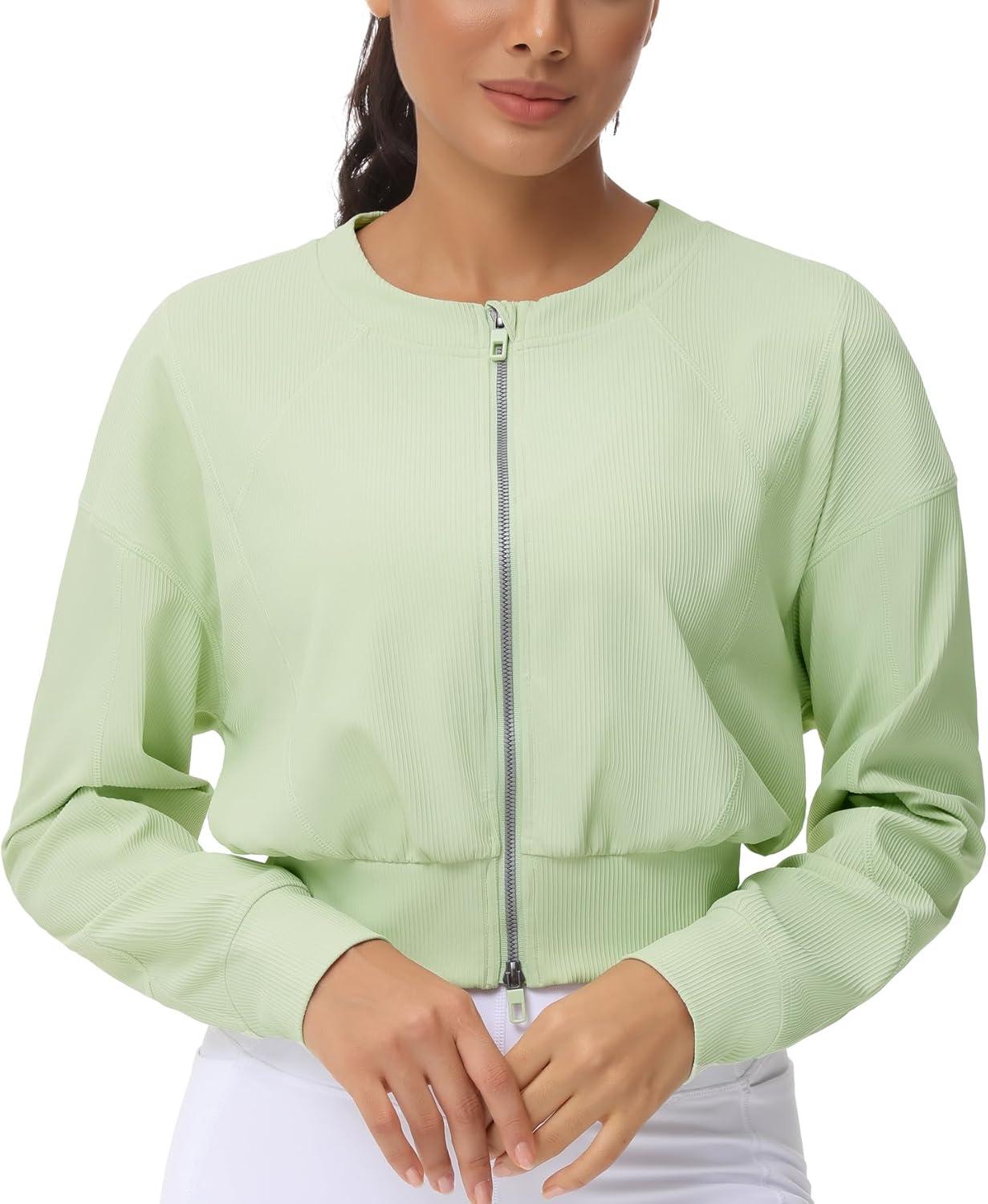 imageTHE GYM PEOPLE Womens Cropped Jackets Full Zip Long Sleeve Ribbed Workout Sweatshirts Lightweight Casual TopsLight Green