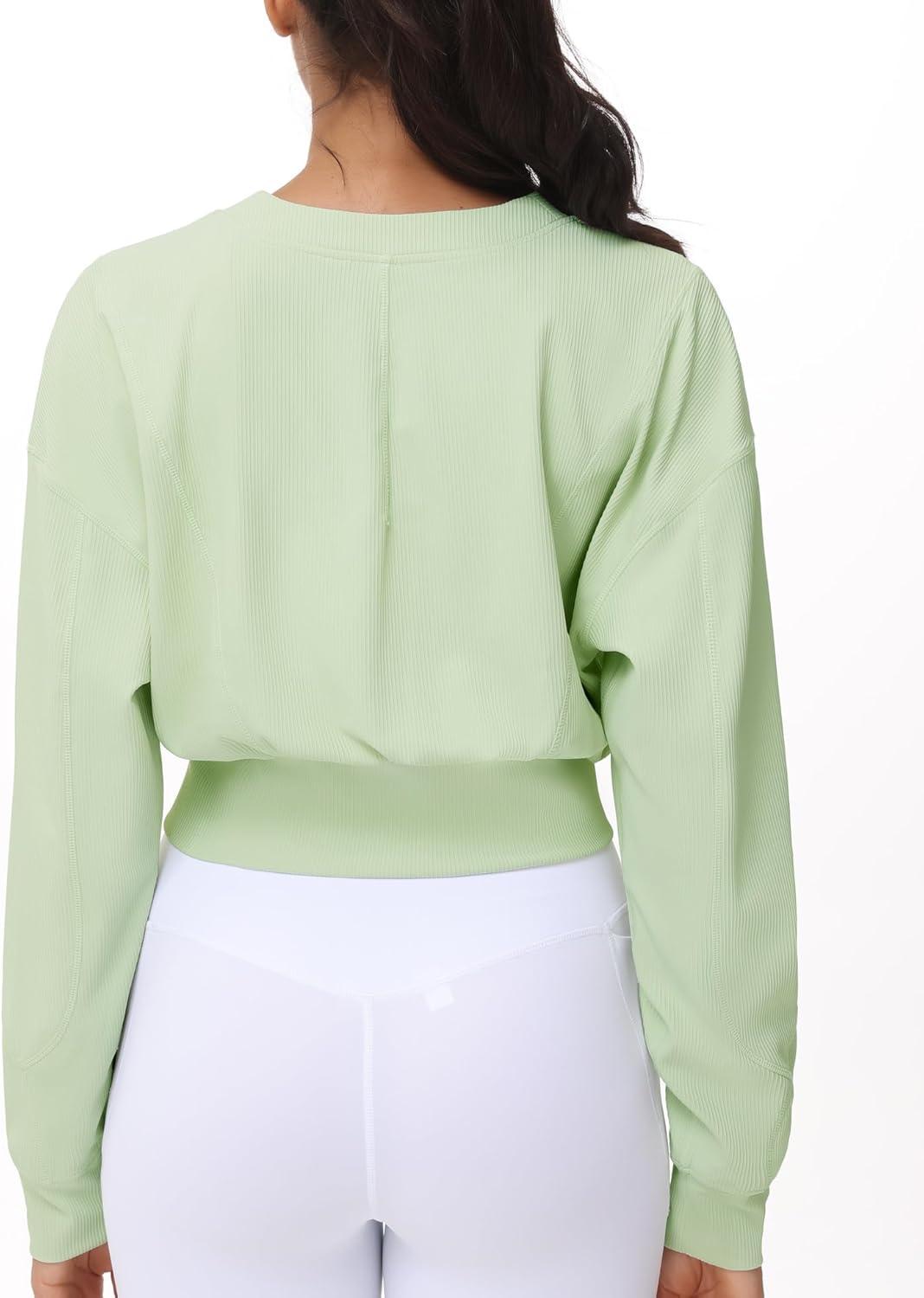 imageTHE GYM PEOPLE Womens Cropped Jackets Full Zip Long Sleeve Ribbed Workout Sweatshirts Lightweight Casual TopsLight Green
