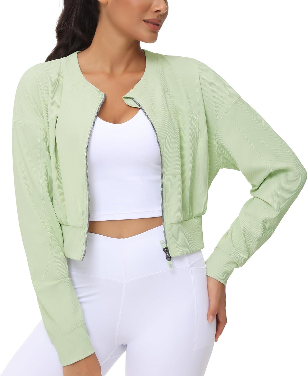 imageTHE GYM PEOPLE Womens Cropped Jackets Full Zip Long Sleeve Ribbed Workout Sweatshirts Lightweight Casual TopsLight Green