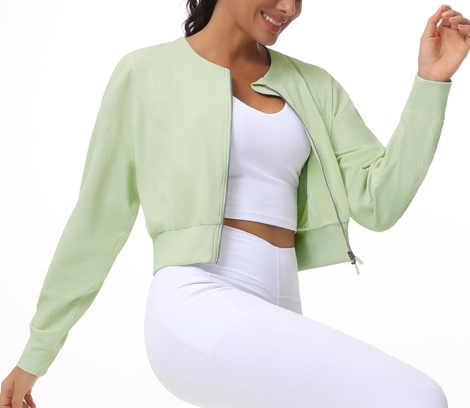 imageTHE GYM PEOPLE Womens Cropped Jackets Full Zip Long Sleeve Ribbed Workout Sweatshirts Lightweight Casual TopsLight Green