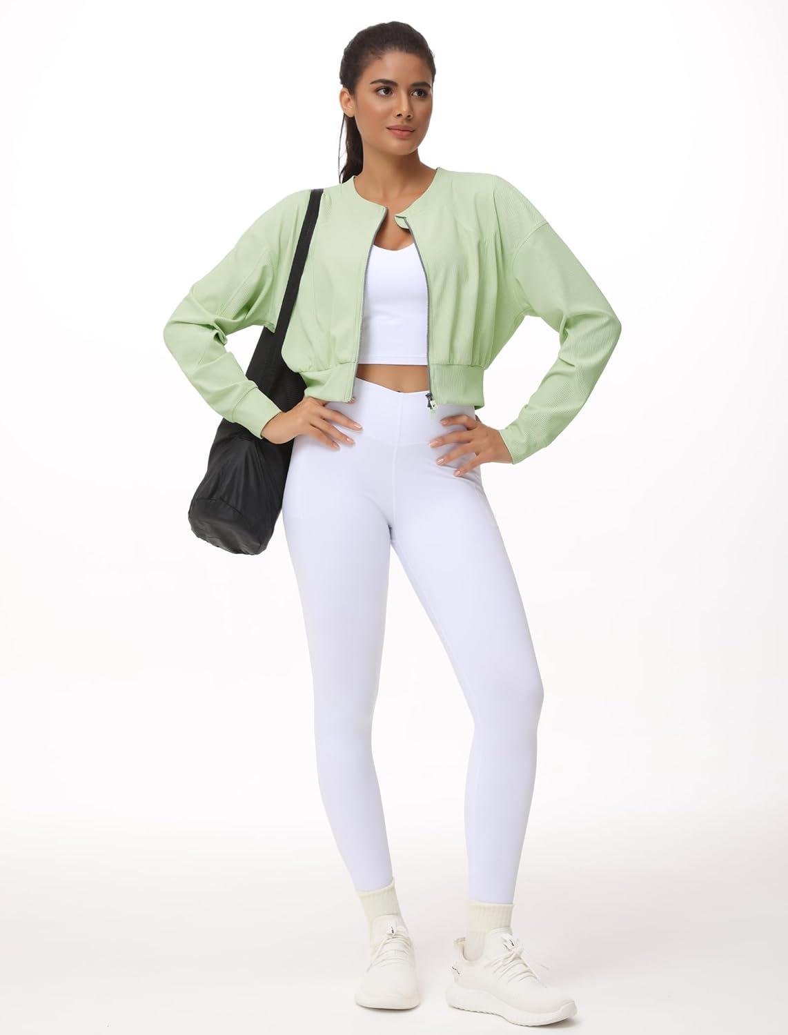 imageTHE GYM PEOPLE Womens Cropped Jackets Full Zip Long Sleeve Ribbed Workout Sweatshirts Lightweight Casual TopsLight Green