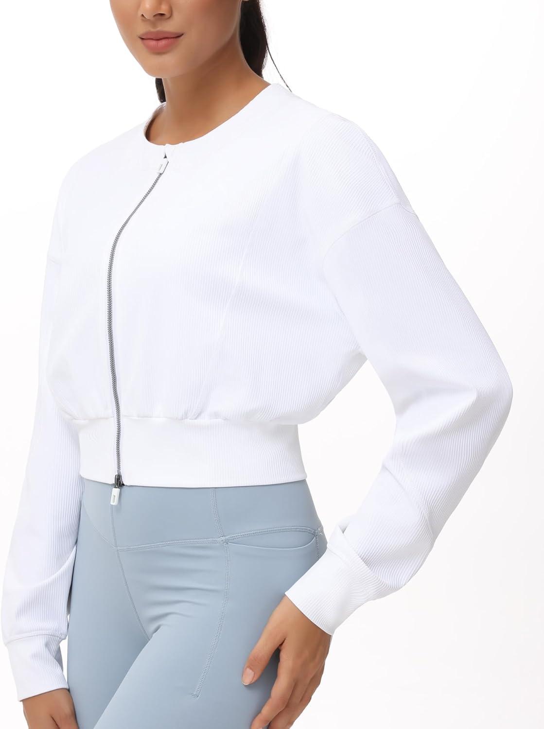 imageTHE GYM PEOPLE Womens Cropped Jackets Full Zip Long Sleeve Ribbed Workout Sweatshirts Lightweight Casual TopsWhite