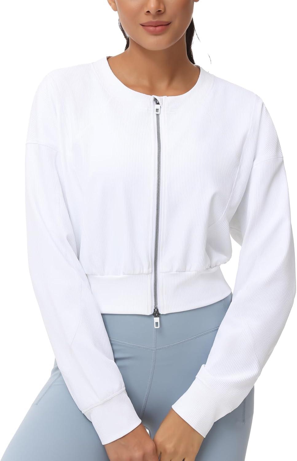 imageTHE GYM PEOPLE Womens Cropped Jackets Full Zip Long Sleeve Ribbed Workout Sweatshirts Lightweight Casual TopsWhite