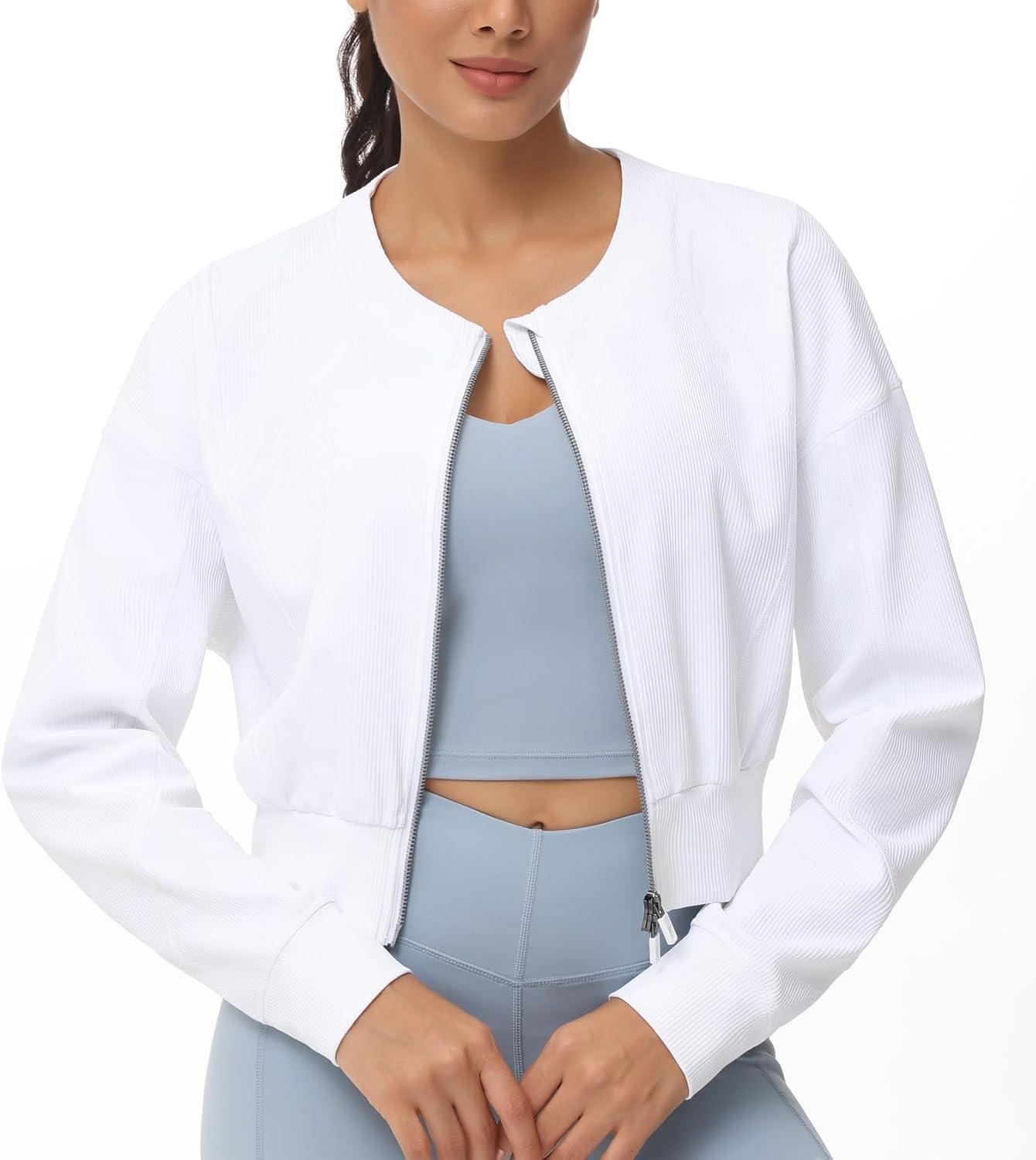 imageTHE GYM PEOPLE Womens Cropped Jackets Full Zip Long Sleeve Ribbed Workout Sweatshirts Lightweight Casual TopsWhite