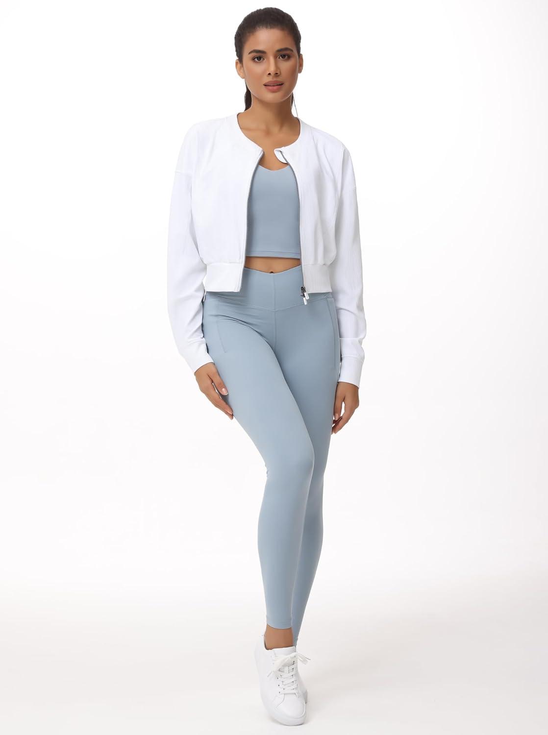 imageTHE GYM PEOPLE Womens Cropped Jackets Full Zip Long Sleeve Ribbed Workout Sweatshirts Lightweight Casual TopsWhite