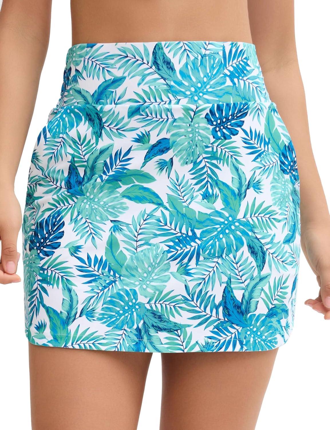 imageTHE GYM PEOPLE Womens Golf Skort Tennis High Waist Lightweight Athletic Casual Skirts Builtin Shorts with 4 PocketsBlue Leaf