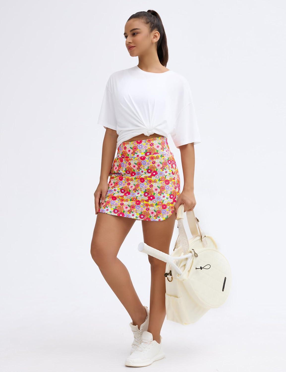 imageTHE GYM PEOPLE Womens Golf Skort Tennis High Waist Lightweight Athletic Casual Skirts Builtin Shorts with 4 PocketsColourful Flowers