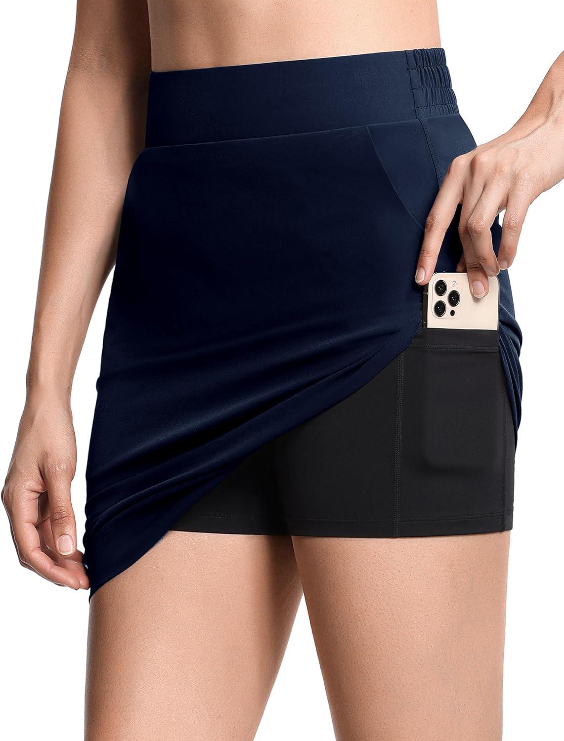 imageTHE GYM PEOPLE Womens Golf Skorts Modest Knee Length Athletic Tennis Skirts Builtin Shorts with 4 PocketsBlue