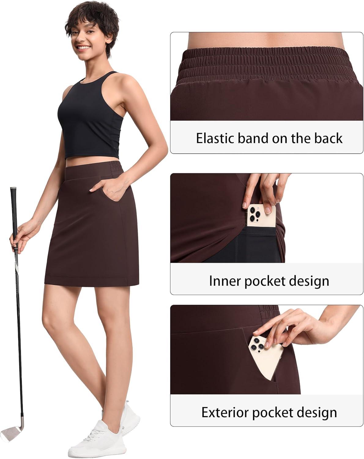 imageTHE GYM PEOPLE Womens Golf Skorts Modest Knee Length Athletic Tennis Skirts Builtin Shorts with 4 PocketsBrown