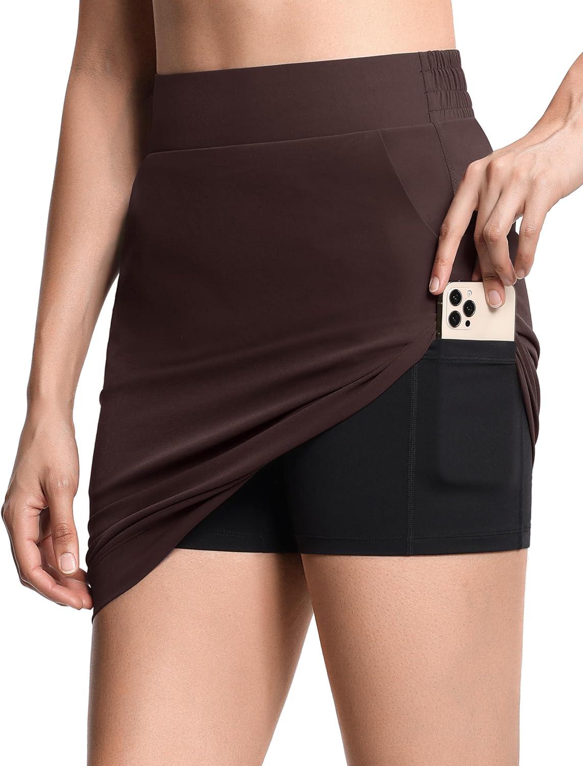 imageTHE GYM PEOPLE Womens Golf Skorts Modest Knee Length Athletic Tennis Skirts Builtin Shorts with 4 PocketsBrown