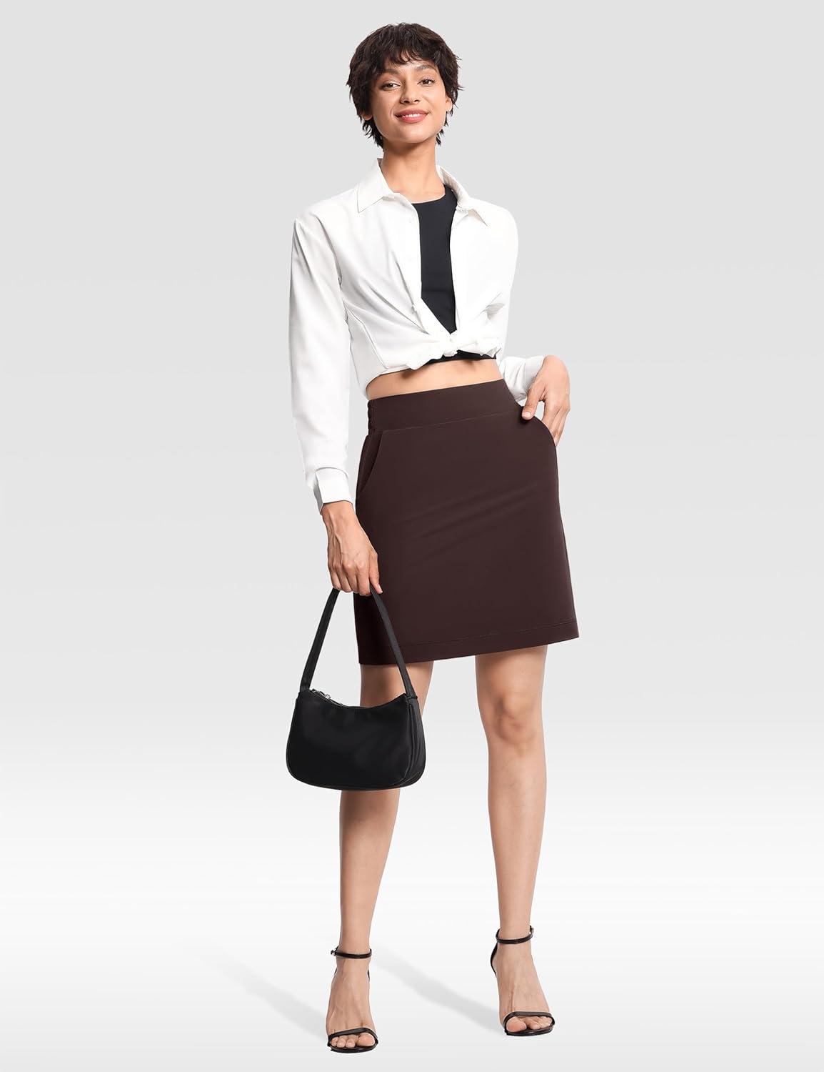 imageTHE GYM PEOPLE Womens Golf Skorts Modest Knee Length Athletic Tennis Skirts Builtin Shorts with 4 PocketsBrown
