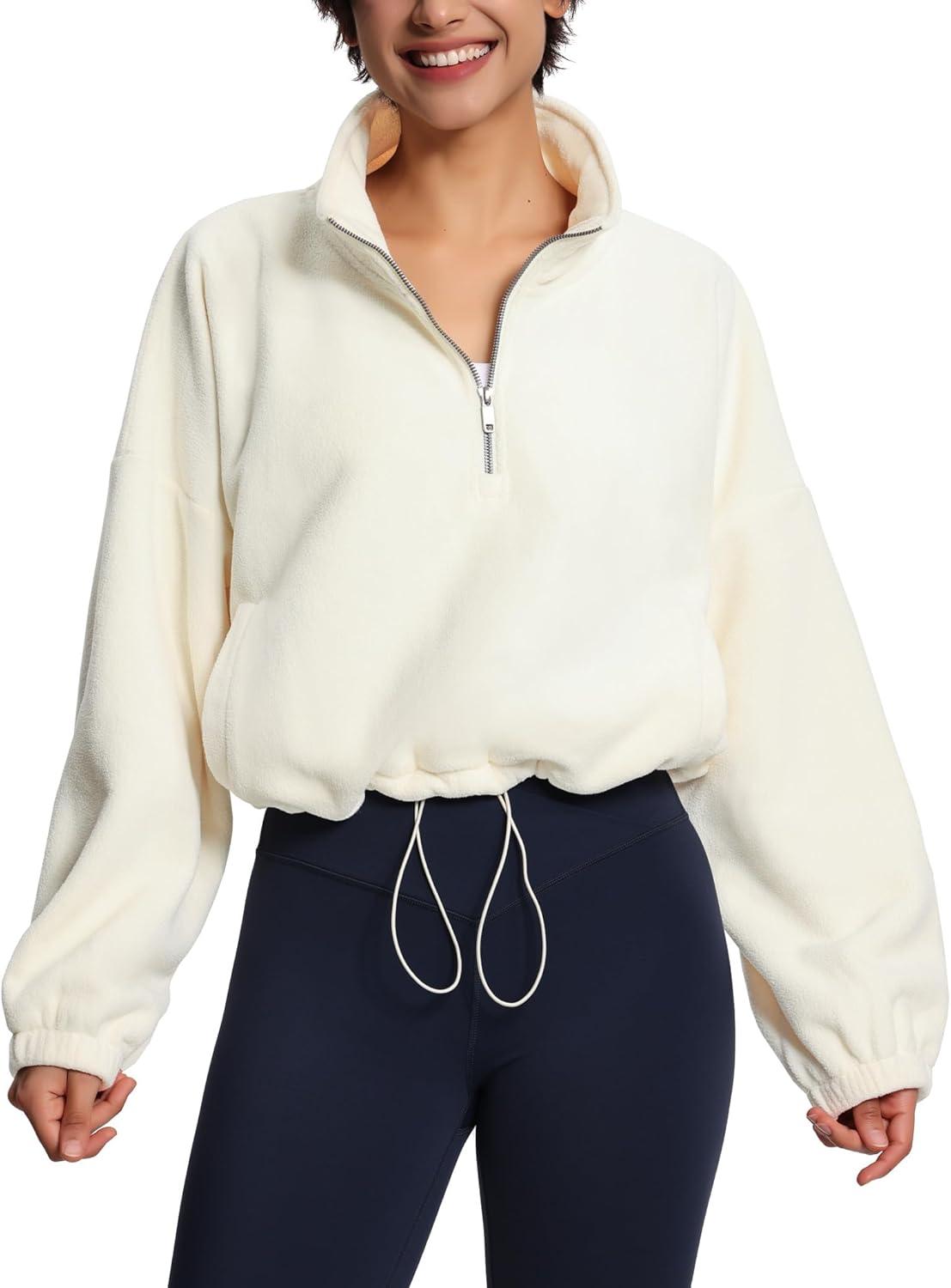 imageTHE GYM PEOPLE Womens Half Zip Crop Pullover Sweatshirt Fleece Stand Collar Workout Tops with Pockets Drawstring HemBeige