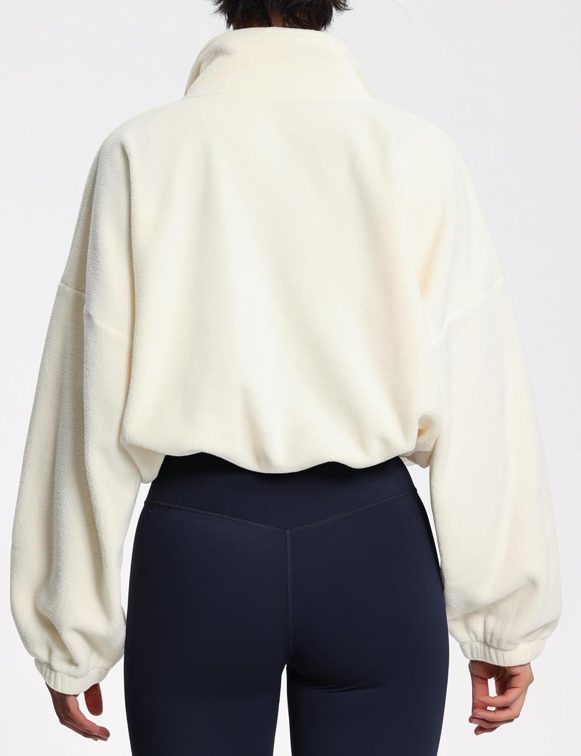 imageTHE GYM PEOPLE Womens Half Zip Crop Pullover Sweatshirt Fleece Stand Collar Workout Tops with Pockets Drawstring HemBeige
