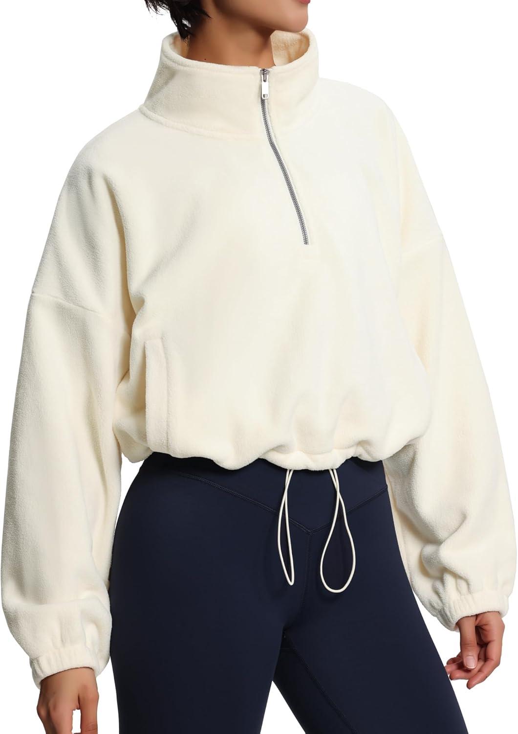 imageTHE GYM PEOPLE Womens Half Zip Crop Pullover Sweatshirt Fleece Stand Collar Workout Tops with Pockets Drawstring HemBeige