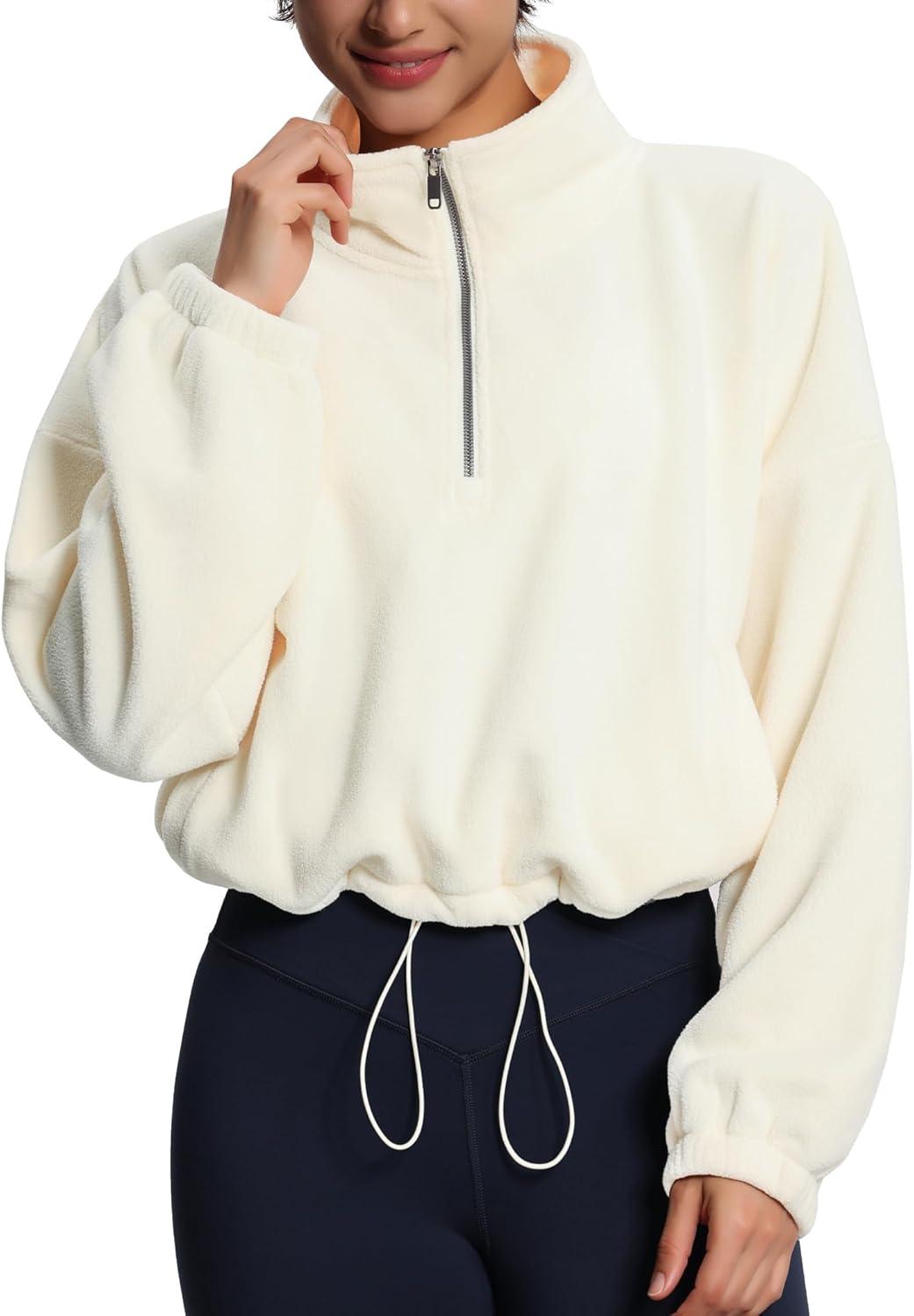 imageTHE GYM PEOPLE Womens Half Zip Crop Pullover Sweatshirt Fleece Stand Collar Workout Tops with Pockets Drawstring HemBeige