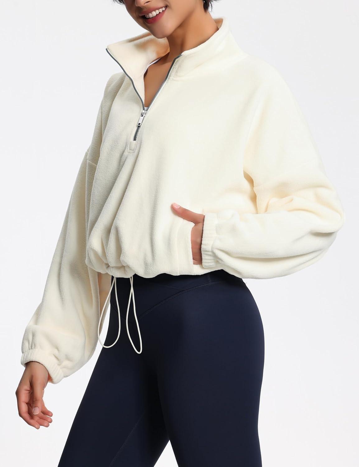 imageTHE GYM PEOPLE Womens Half Zip Crop Pullover Sweatshirt Fleece Stand Collar Workout Tops with Pockets Drawstring HemBeige
