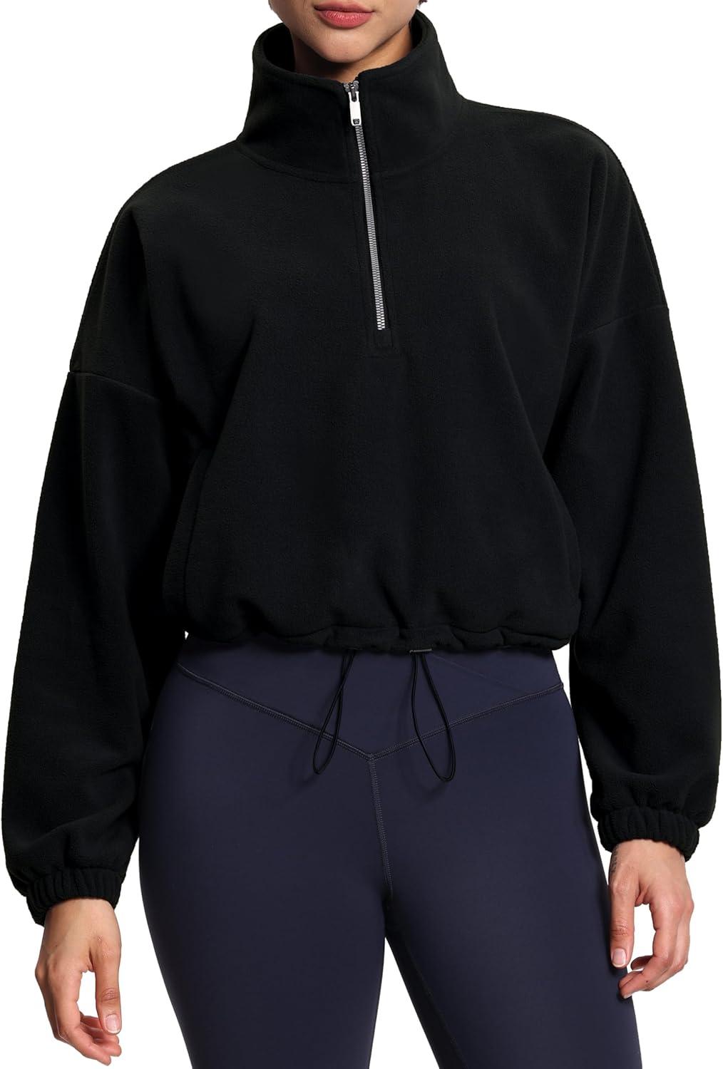 imageTHE GYM PEOPLE Womens Half Zip Crop Pullover Sweatshirt Fleece Stand Collar Workout Tops with Pockets Drawstring HemBlack