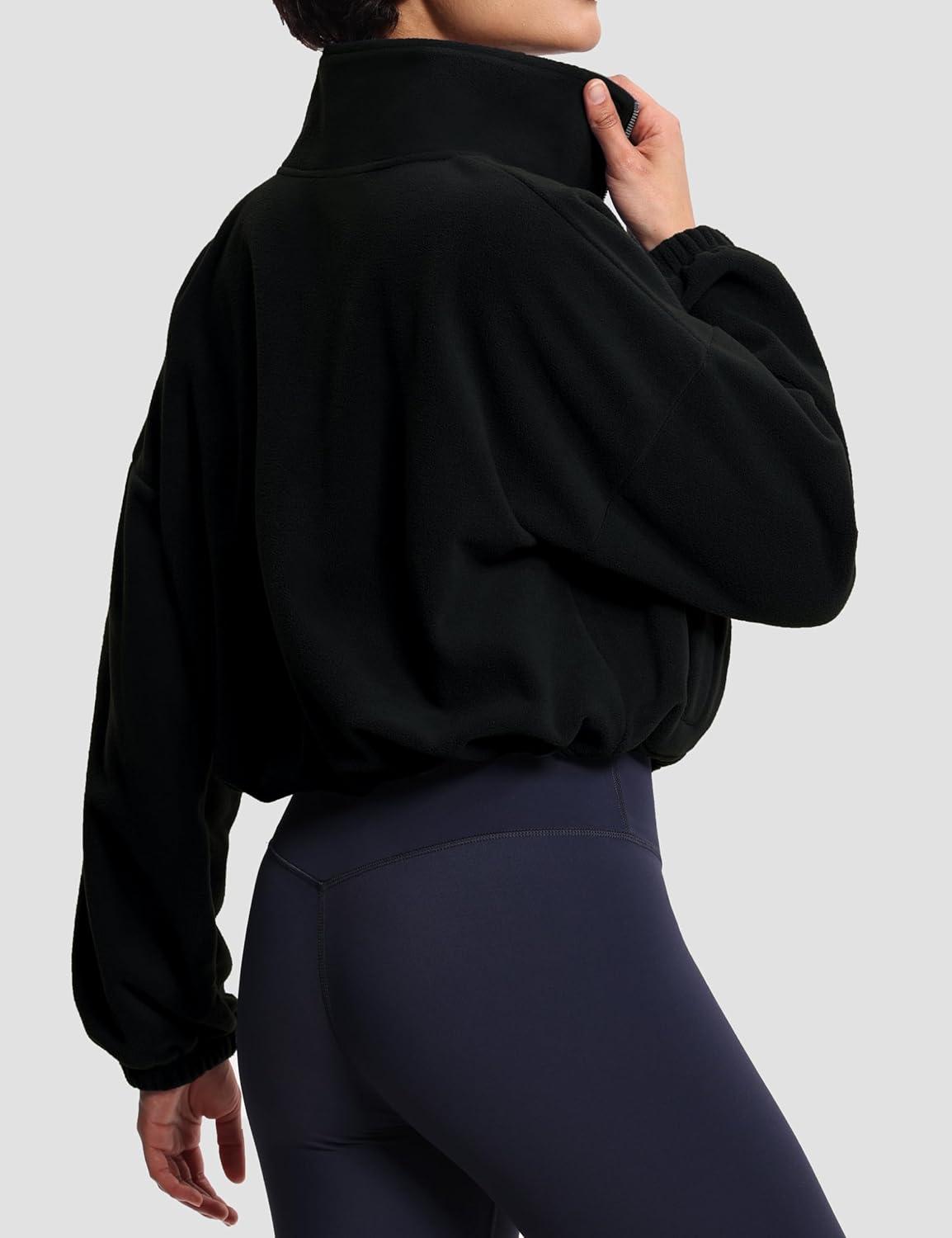 imageTHE GYM PEOPLE Womens Half Zip Crop Pullover Sweatshirt Fleece Stand Collar Workout Tops with Pockets Drawstring HemBlack