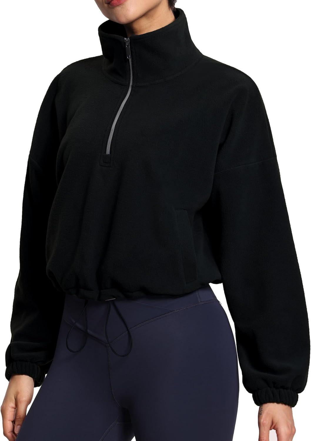 imageTHE GYM PEOPLE Womens Half Zip Crop Pullover Sweatshirt Fleece Stand Collar Workout Tops with Pockets Drawstring HemBlack