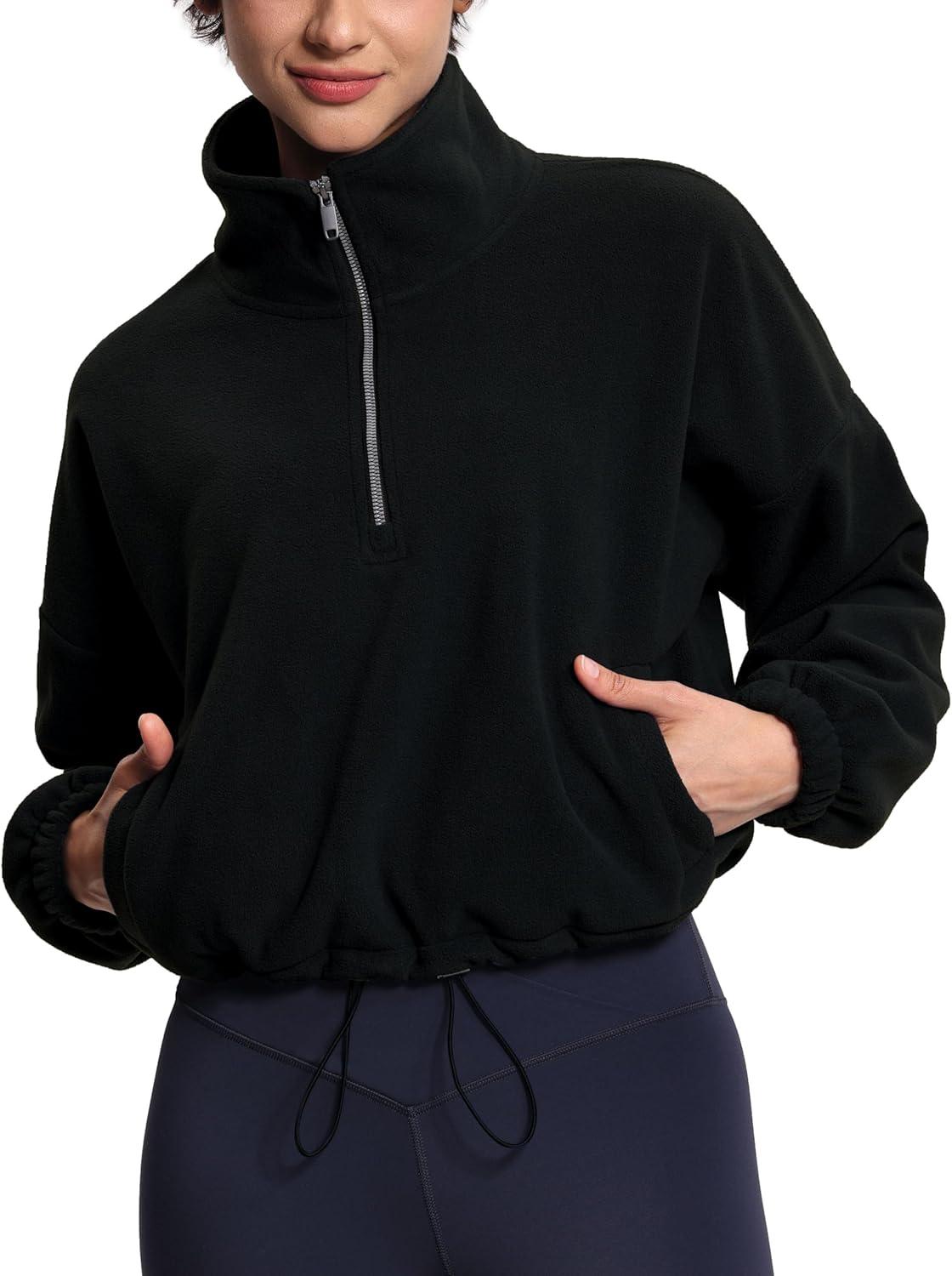 imageTHE GYM PEOPLE Womens Half Zip Crop Pullover Sweatshirt Fleece Stand Collar Workout Tops with Pockets Drawstring HemBlack