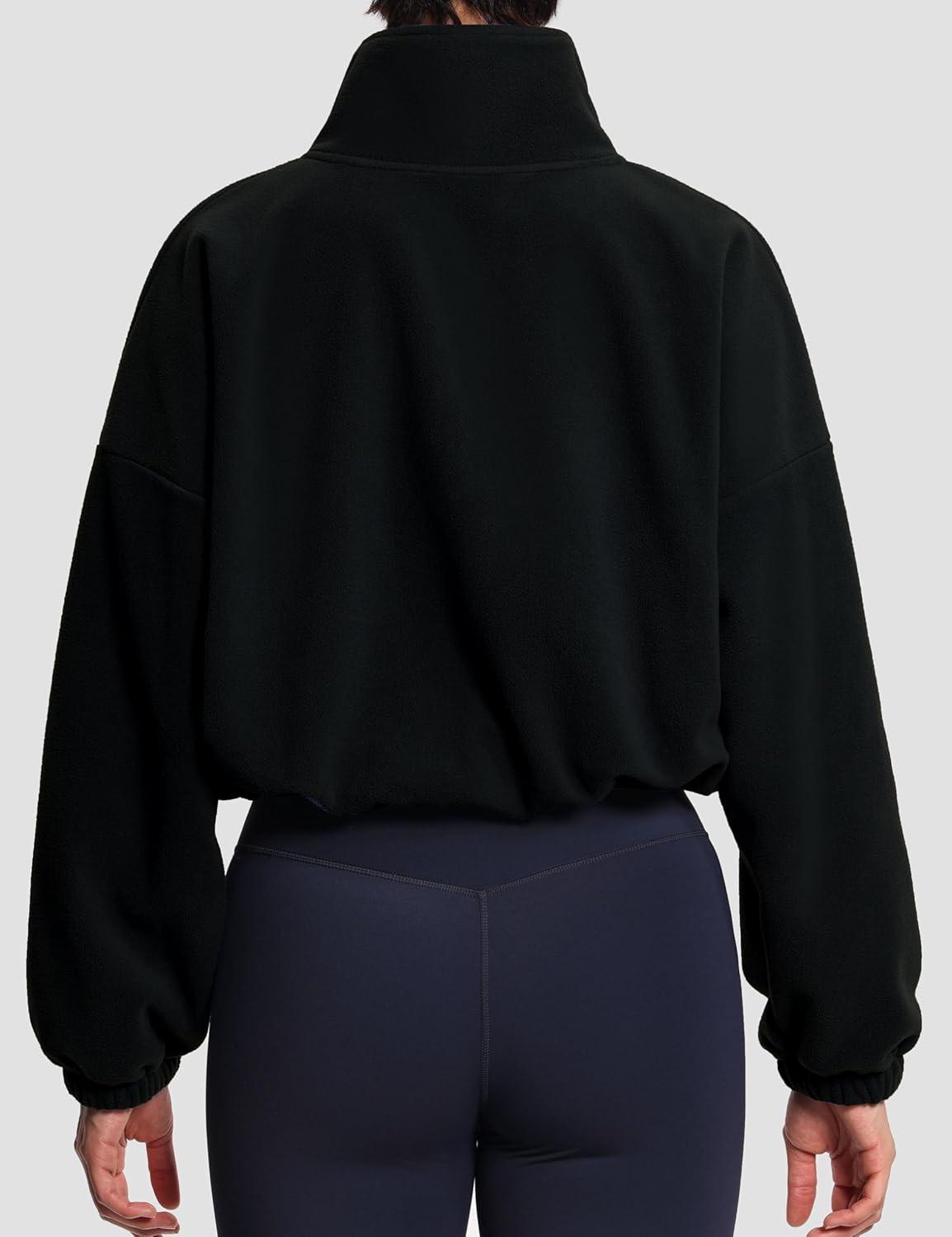imageTHE GYM PEOPLE Womens Half Zip Crop Pullover Sweatshirt Fleece Stand Collar Workout Tops with Pockets Drawstring HemBlack
