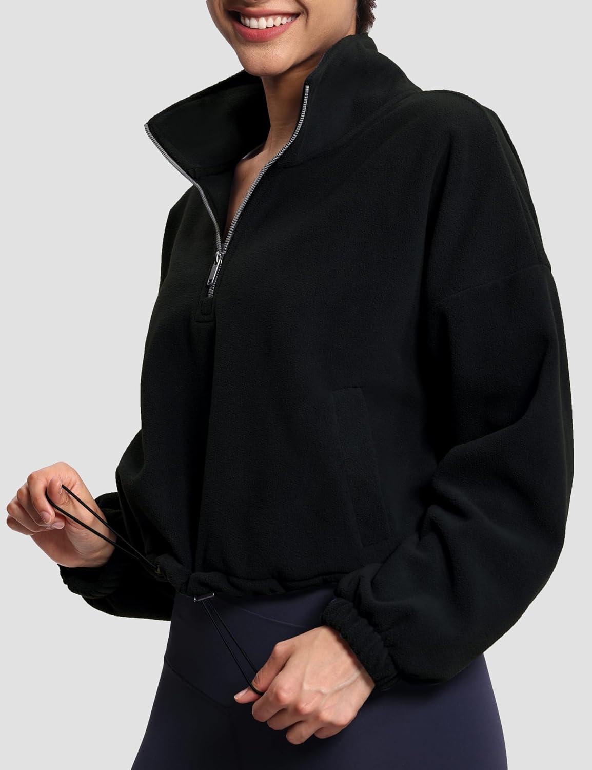 imageTHE GYM PEOPLE Womens Half Zip Crop Pullover Sweatshirt Fleece Stand Collar Workout Tops with Pockets Drawstring HemBlack