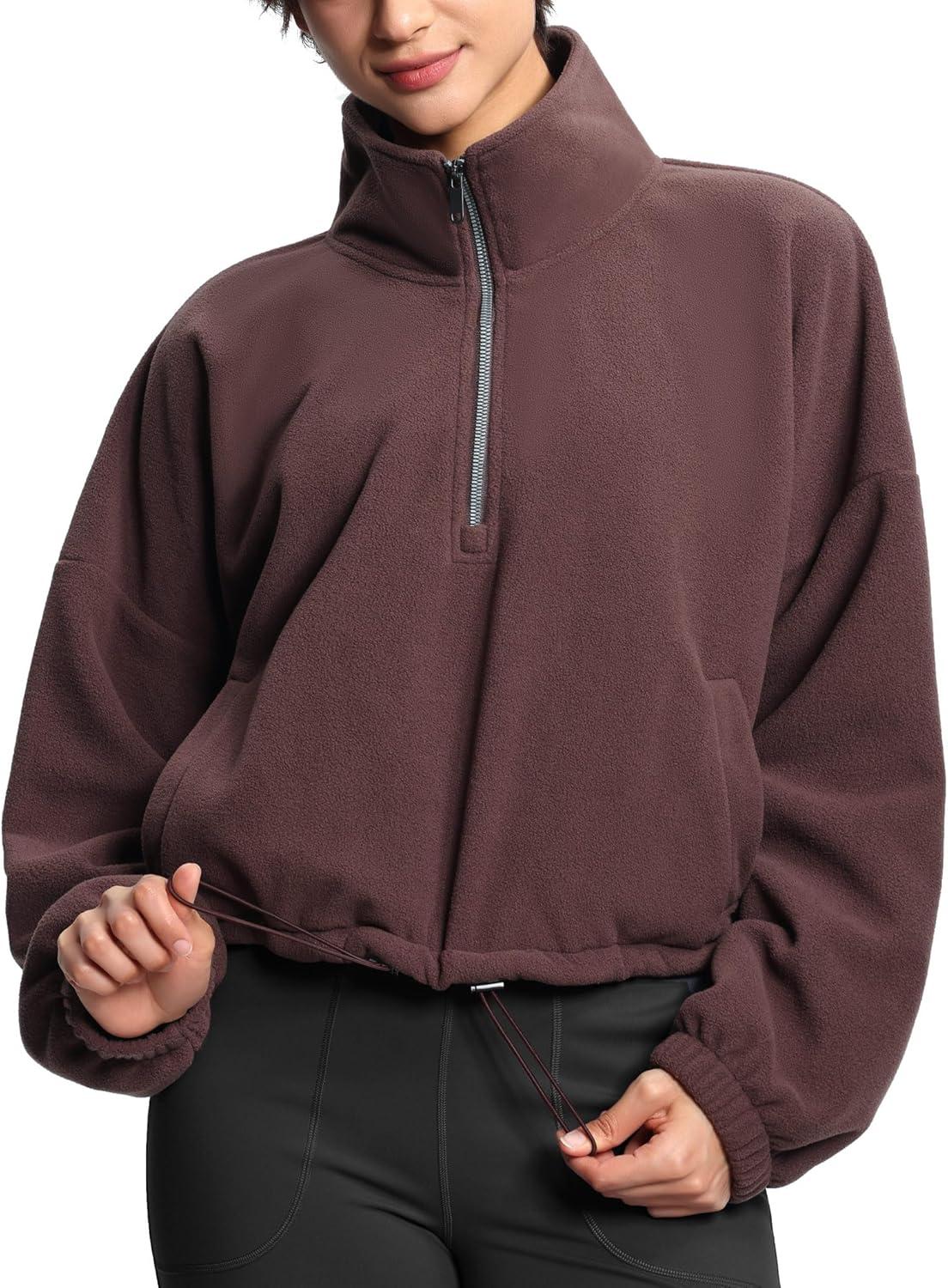 imageTHE GYM PEOPLE Womens Half Zip Crop Pullover Sweatshirt Fleece Stand Collar Workout Tops with Pockets Drawstring HemBrown