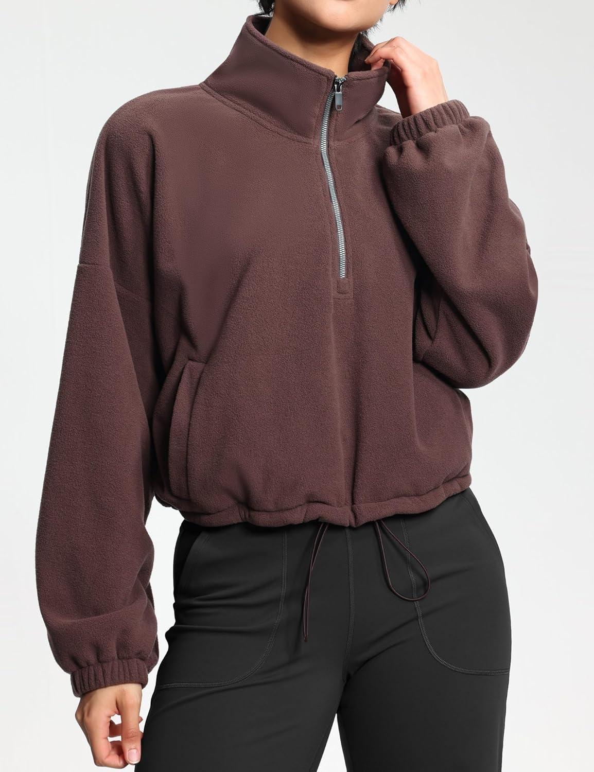 imageTHE GYM PEOPLE Womens Half Zip Crop Pullover Sweatshirt Fleece Stand Collar Workout Tops with Pockets Drawstring HemBrown