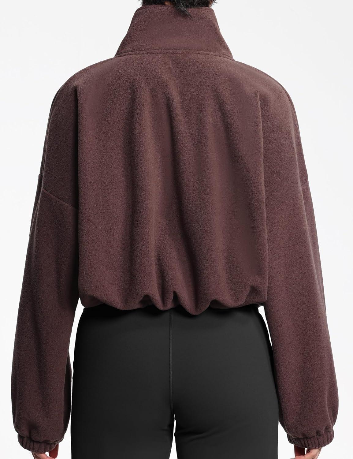 imageTHE GYM PEOPLE Womens Half Zip Crop Pullover Sweatshirt Fleece Stand Collar Workout Tops with Pockets Drawstring HemBrown