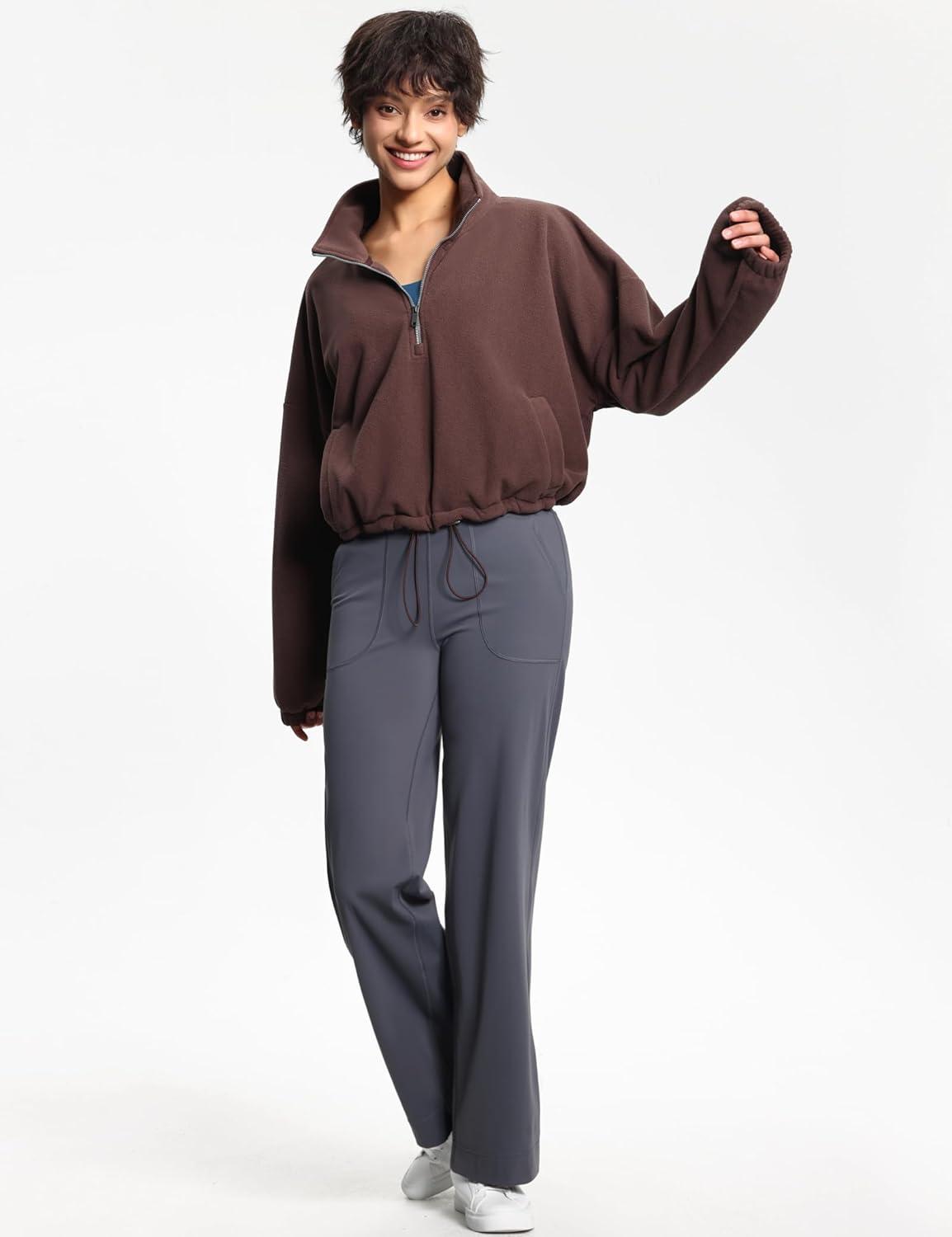 imageTHE GYM PEOPLE Womens Half Zip Crop Pullover Sweatshirt Fleece Stand Collar Workout Tops with Pockets Drawstring HemBrown