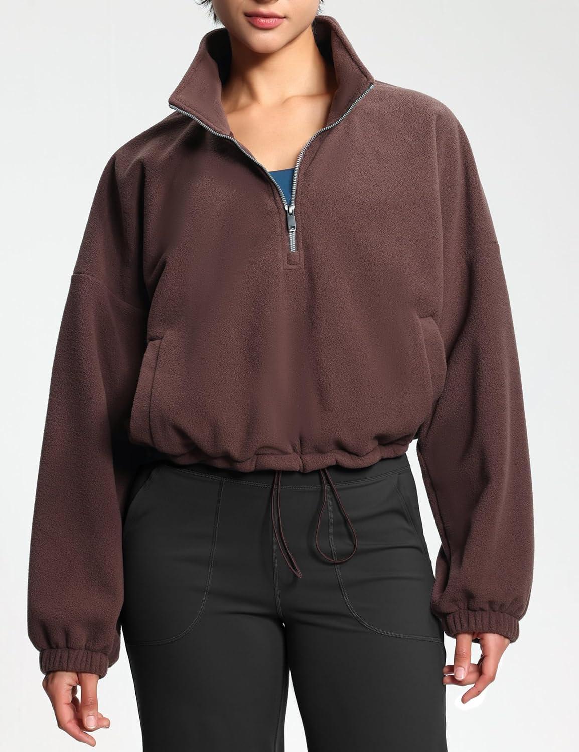 imageTHE GYM PEOPLE Womens Half Zip Crop Pullover Sweatshirt Fleece Stand Collar Workout Tops with Pockets Drawstring HemBrown
