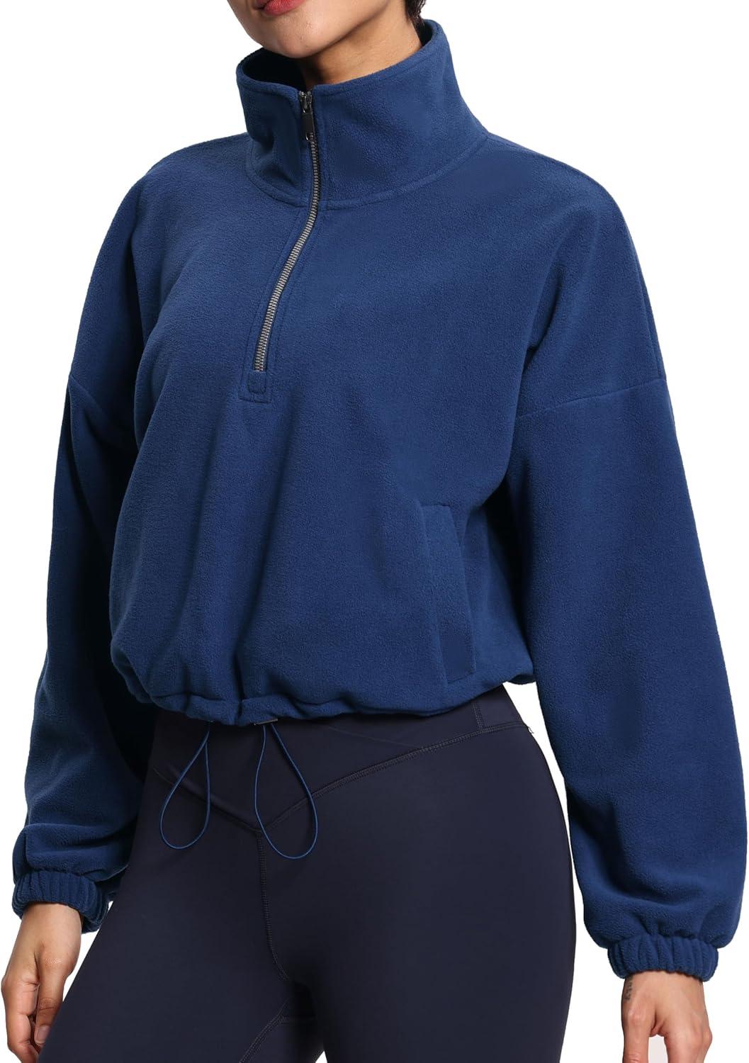 imageTHE GYM PEOPLE Womens Half Zip Crop Pullover Sweatshirt Fleece Stand Collar Workout Tops with Pockets Drawstring HemNavy Blue