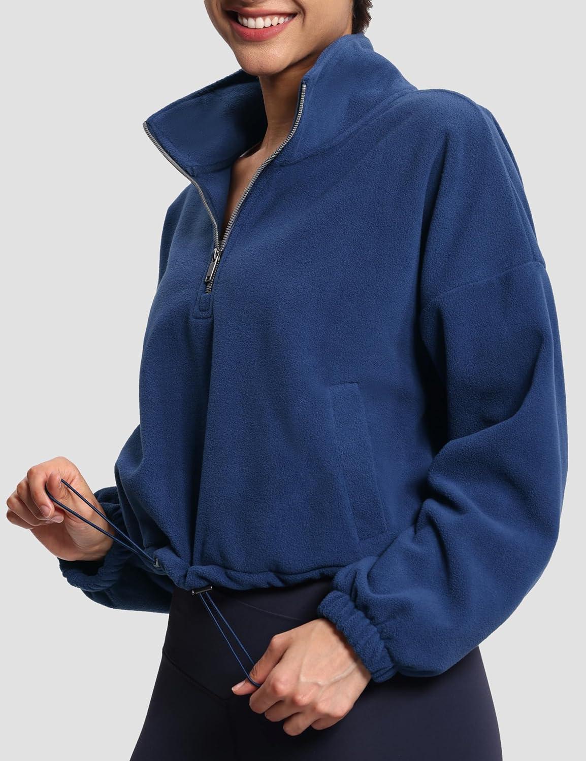imageTHE GYM PEOPLE Womens Half Zip Crop Pullover Sweatshirt Fleece Stand Collar Workout Tops with Pockets Drawstring HemNavy Blue