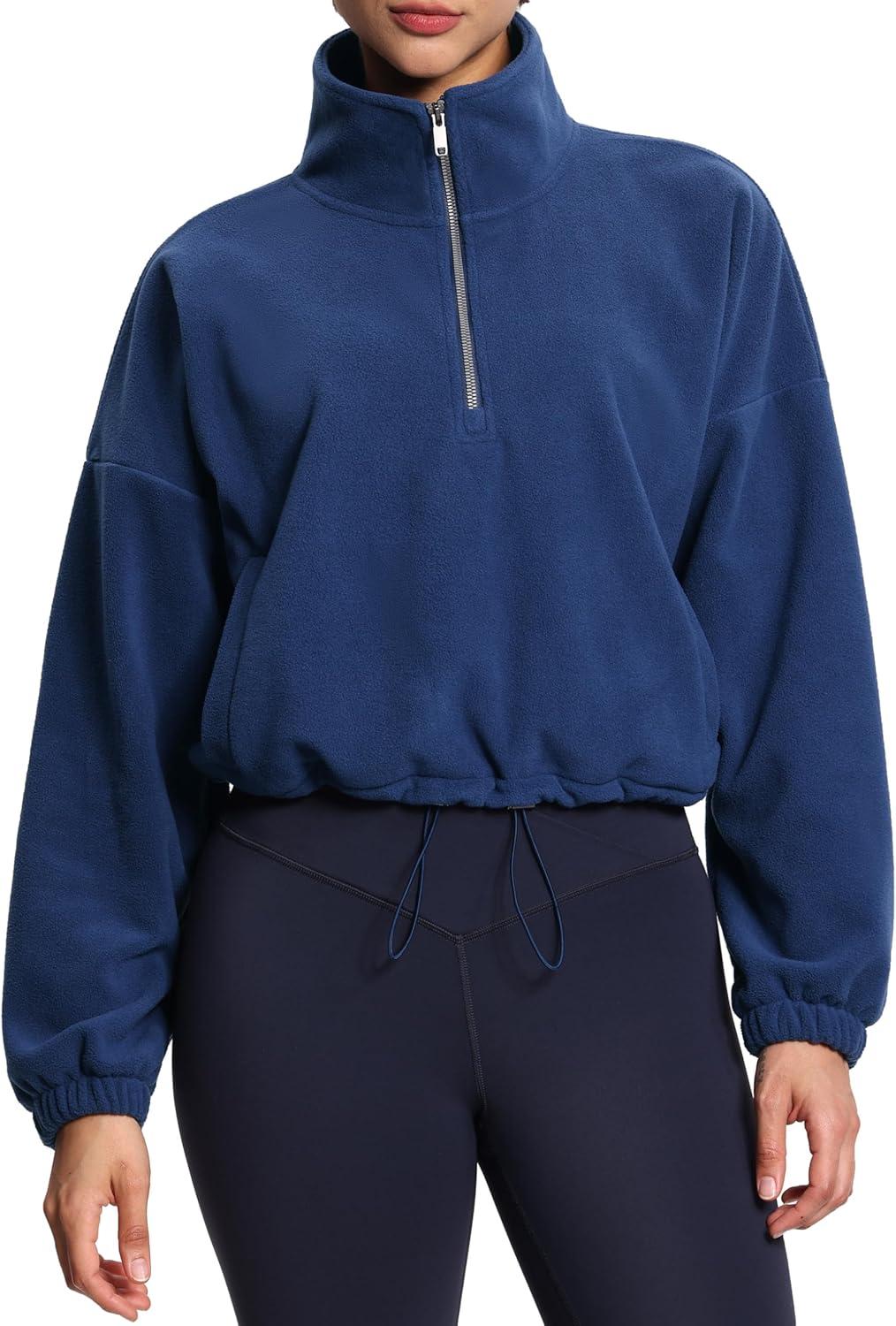 imageTHE GYM PEOPLE Womens Half Zip Crop Pullover Sweatshirt Fleece Stand Collar Workout Tops with Pockets Drawstring HemNavy Blue
