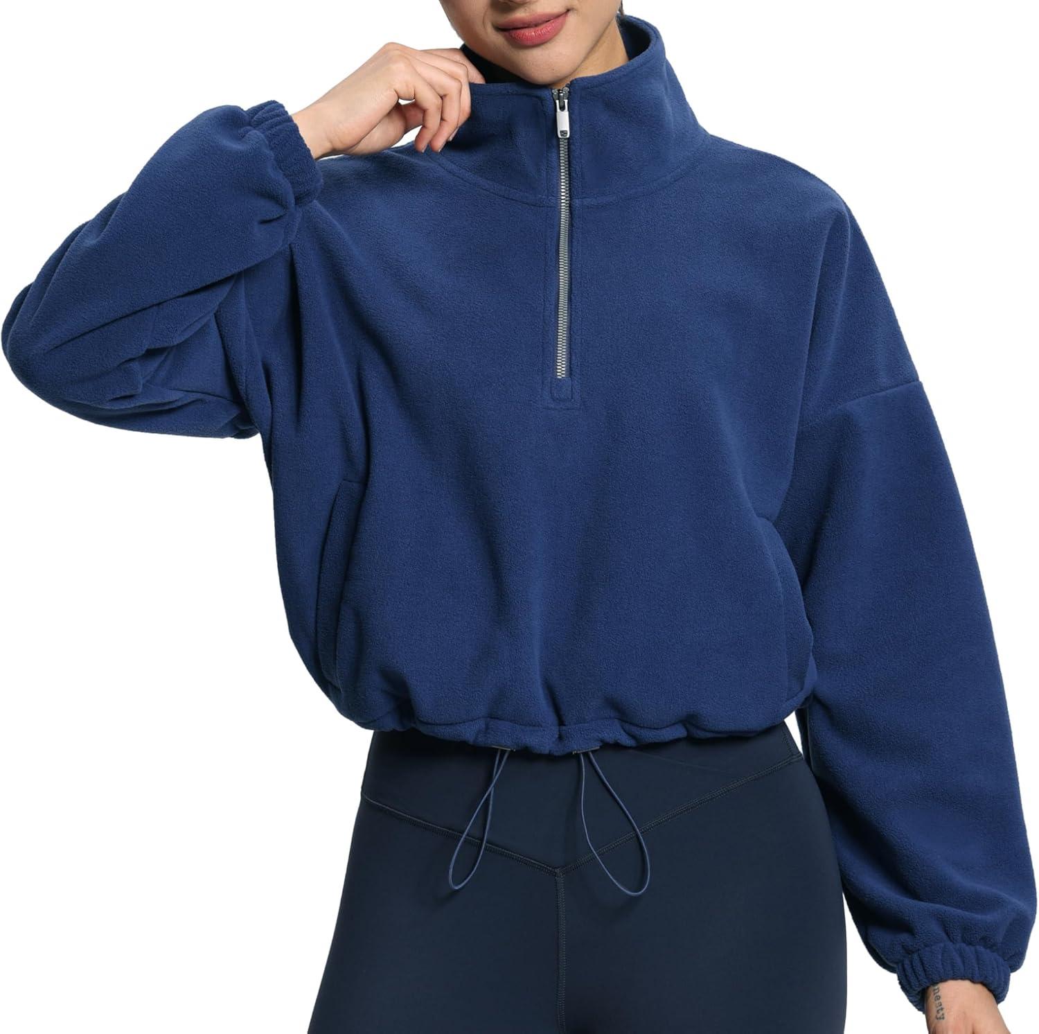 imageTHE GYM PEOPLE Womens Half Zip Crop Pullover Sweatshirt Fleece Stand Collar Workout Tops with Pockets Drawstring HemNavy Blue