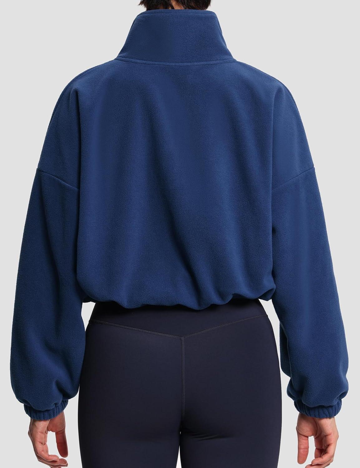 imageTHE GYM PEOPLE Womens Half Zip Crop Pullover Sweatshirt Fleece Stand Collar Workout Tops with Pockets Drawstring HemNavy Blue