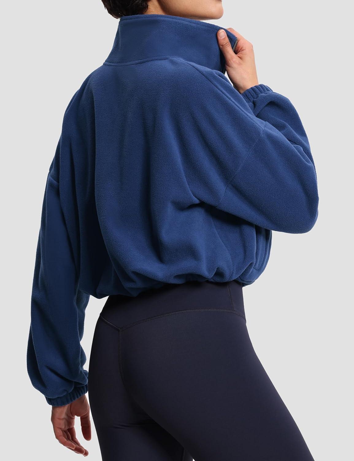 imageTHE GYM PEOPLE Womens Half Zip Crop Pullover Sweatshirt Fleece Stand Collar Workout Tops with Pockets Drawstring HemNavy Blue