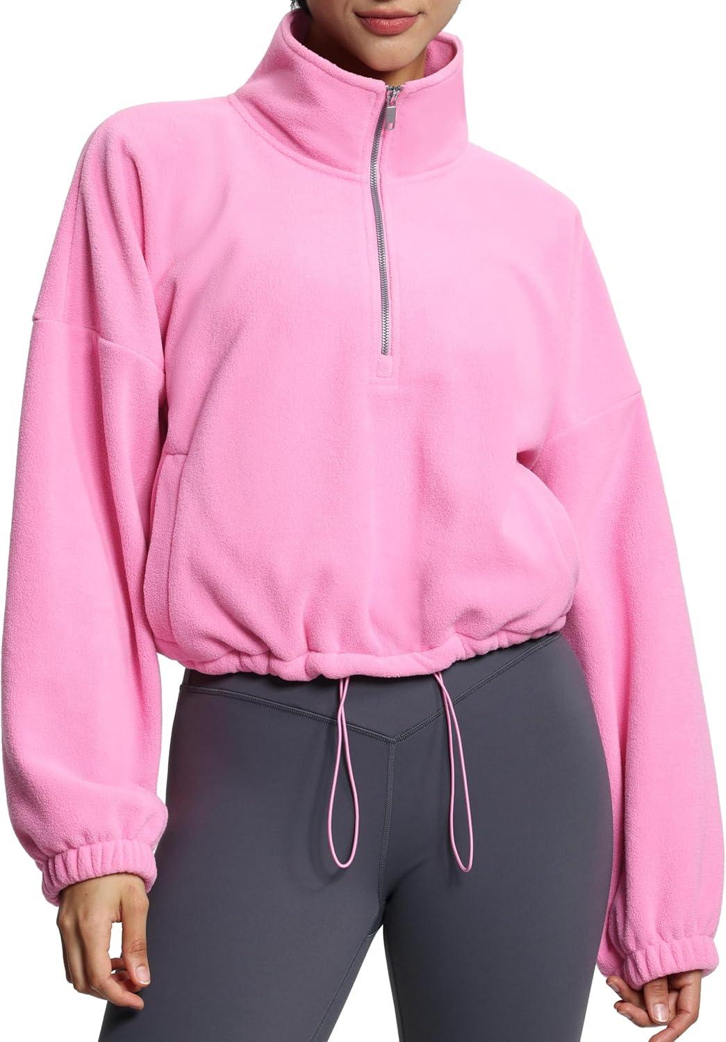 imageTHE GYM PEOPLE Womens Half Zip Crop Pullover Sweatshirt Fleece Stand Collar Workout Tops with Pockets Drawstring HemPink