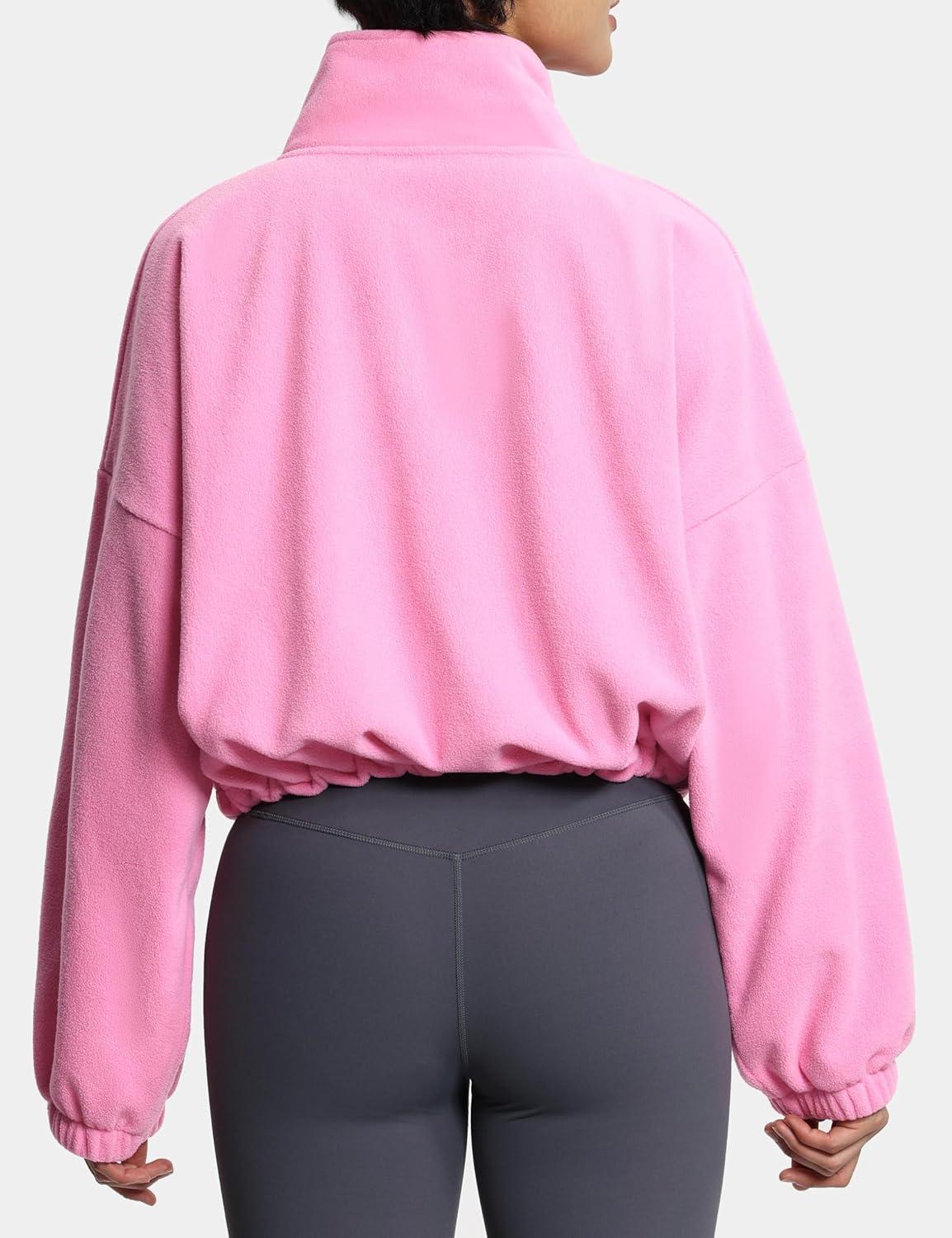 imageTHE GYM PEOPLE Womens Half Zip Crop Pullover Sweatshirt Fleece Stand Collar Workout Tops with Pockets Drawstring HemPink