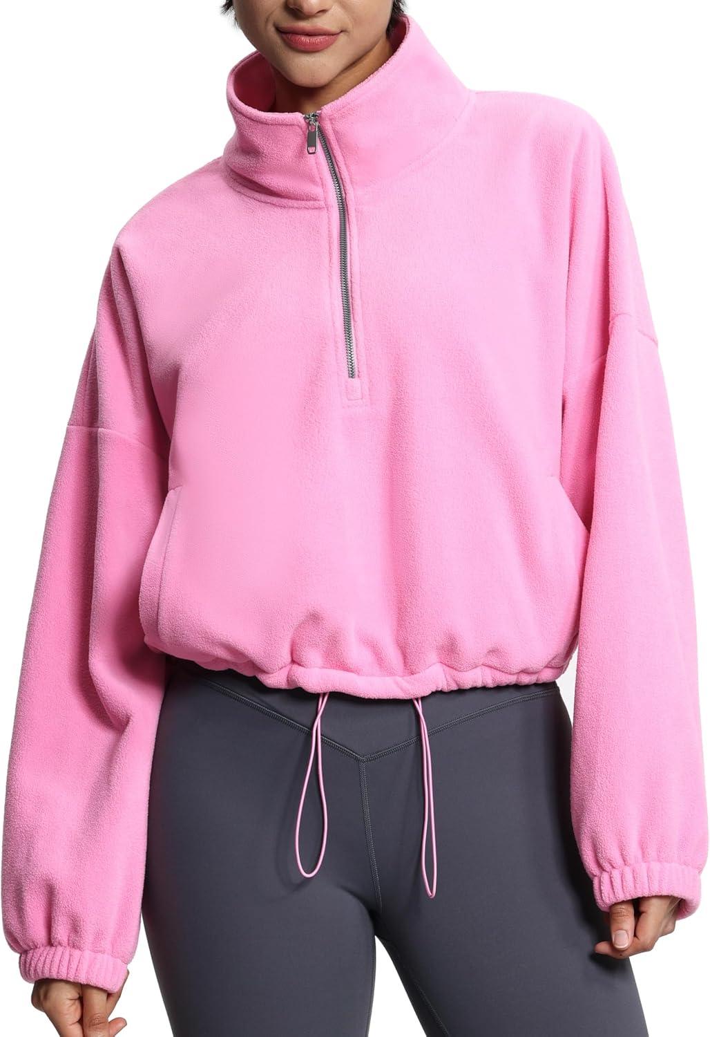 imageTHE GYM PEOPLE Womens Half Zip Crop Pullover Sweatshirt Fleece Stand Collar Workout Tops with Pockets Drawstring HemPink