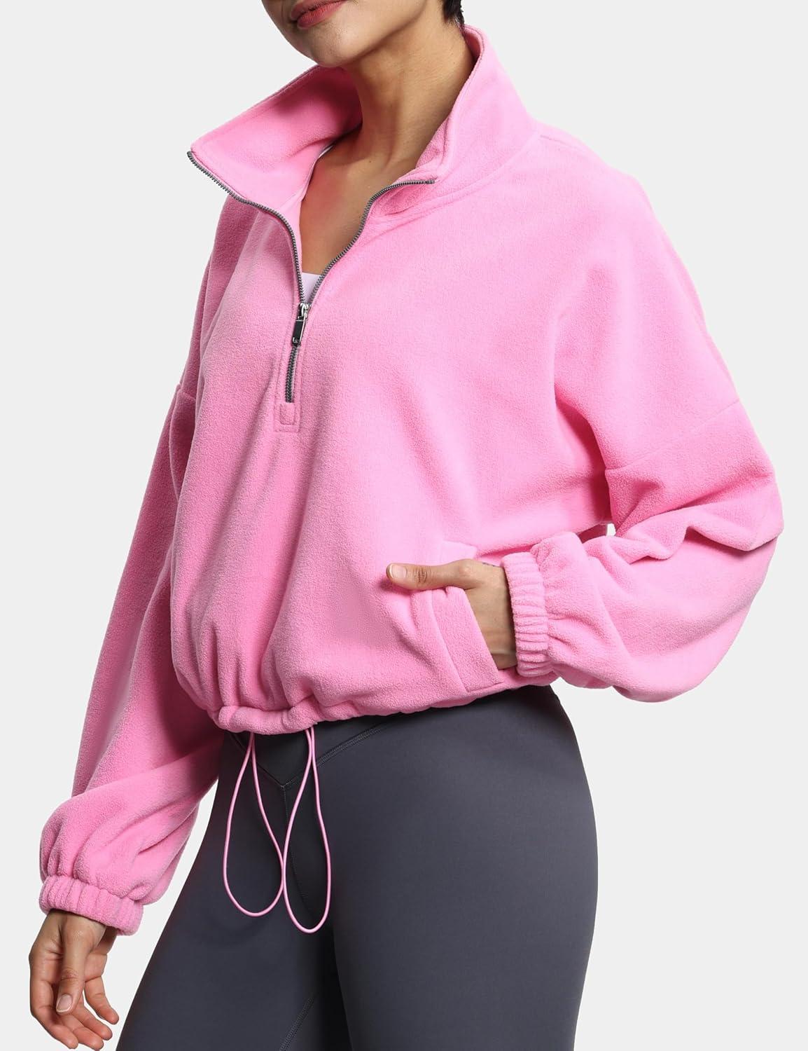imageTHE GYM PEOPLE Womens Half Zip Crop Pullover Sweatshirt Fleece Stand Collar Workout Tops with Pockets Drawstring HemPink