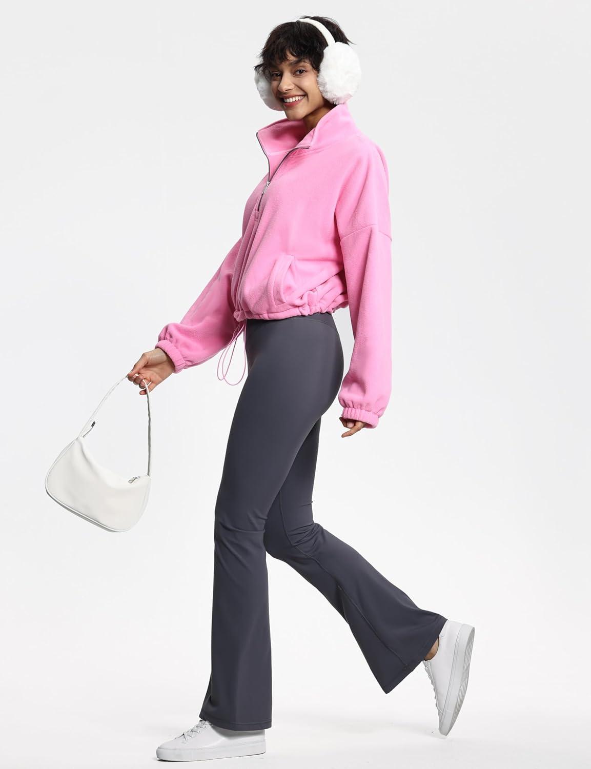 imageTHE GYM PEOPLE Womens Half Zip Crop Pullover Sweatshirt Fleece Stand Collar Workout Tops with Pockets Drawstring HemPink